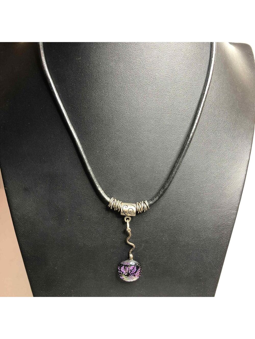 6010 VNTG Sterling 925 Oxidized Dichroic glass pendan 18" Leather Necklace 16g - Picture 2 of 4